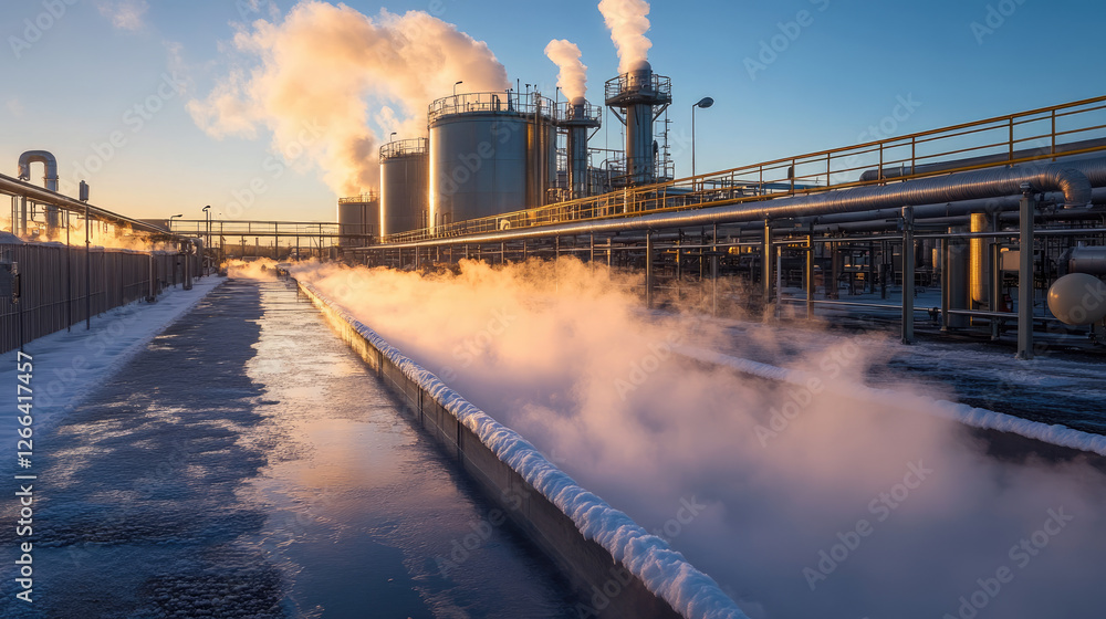 Obraz premium Energy Reuse and Renewable Energy,a high-tech renewable energy recovery system, seamlessly integrating with towering wind turbines and expansive solar panels in the distance. this advanced setup repre