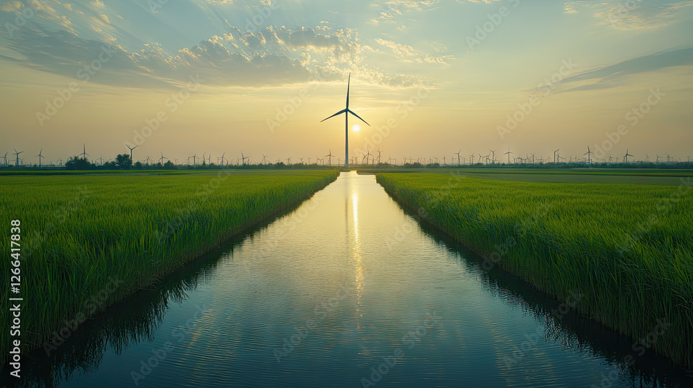 Obraz premium Energy Reuse and Renewable Energy，a high-tech renewable energy recovery system, seamlessly integrating with towering wind turbines and expansive solar panels in the distance. this advanced setup repre