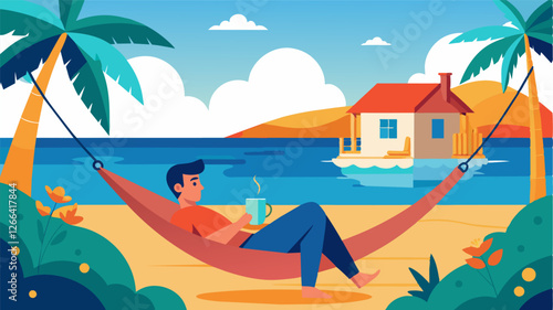 With a coffee in hand a remote worker enjoys the picturesque view of the villas private beach from their hammockturnedoffice.. Vector illustration