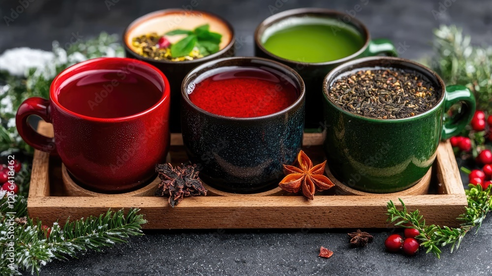 Fototapeta premium Assorted Teas on Wooden Tray, Festive Setting