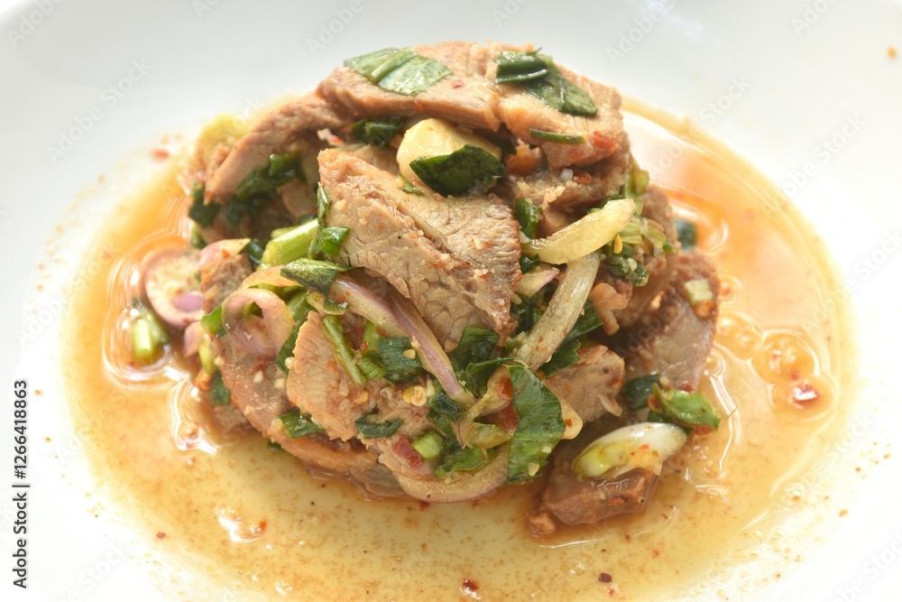 slice boiled pork with chop shallot and chili Thai salad taste spicy and sour on plate slice boiled pork with chop shallot and chili Thai salad taste spicy and sour on plate