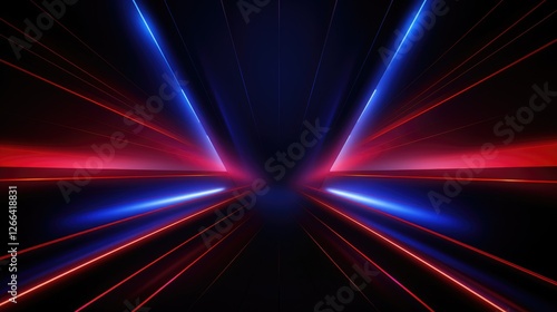 Abstract beautiful neon background with glowing lines, empty room interior design. Abstract geometric shapes, blue and red lights in a dark space