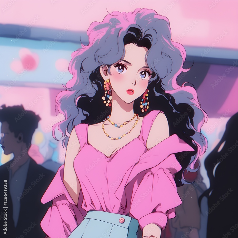 Stylish Anime Girl with Pink Outfit and Blue Hair Retro 80s Aesthetic Stylish Anime Girl with Pink Outfit and Blue Hair Retro 80s Aesthetic