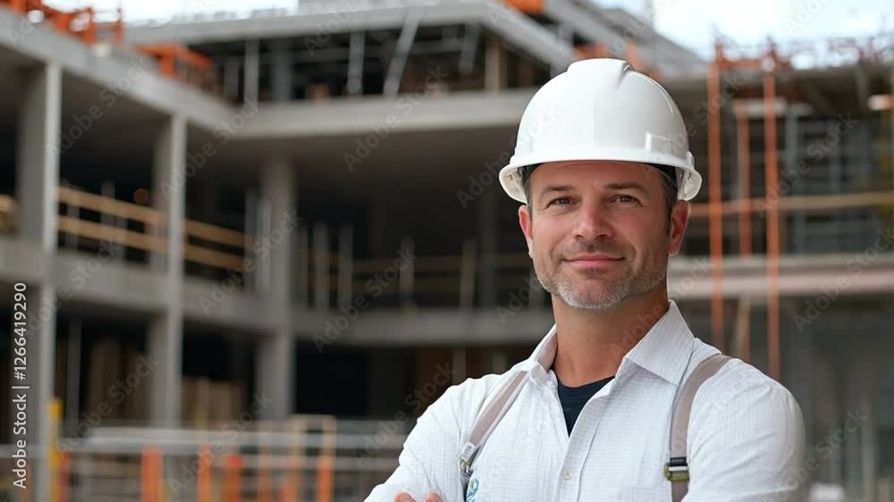 Construction Architect: A confident architect, wearing a hardhat and with arms crossed, stands proudly at a construction site, representing expertise and progress. Construction Architect: A confident architect, wearing a hardhat and with arms crossed, stands proudly at a construction site, representing expertise and progress.