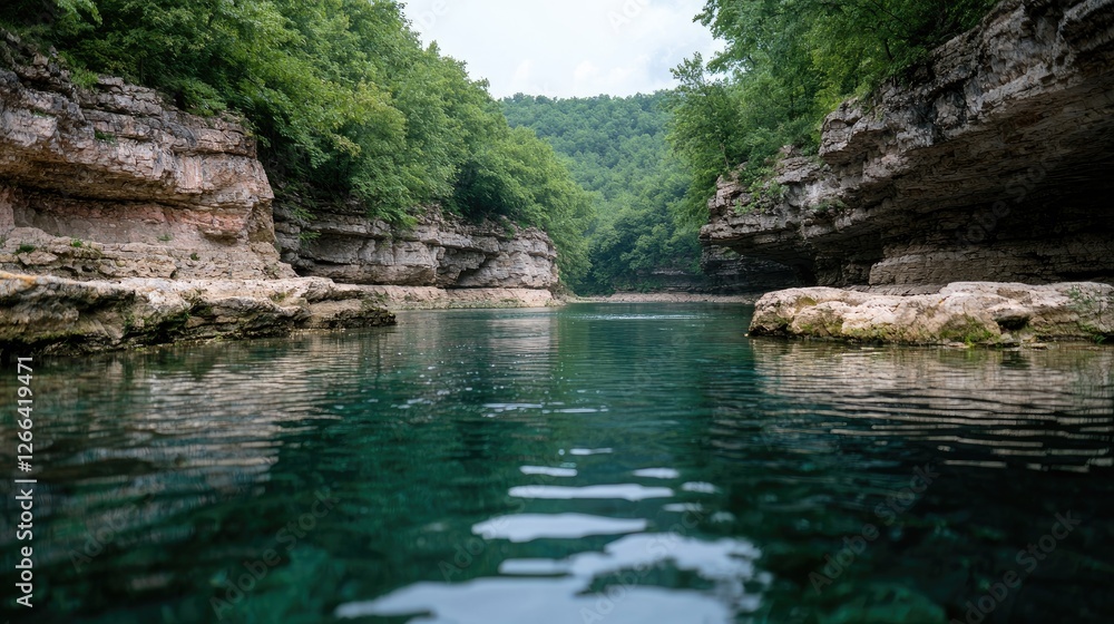 Calm river flowing through a lush green canyon Calm river flowing through a lush green canyon