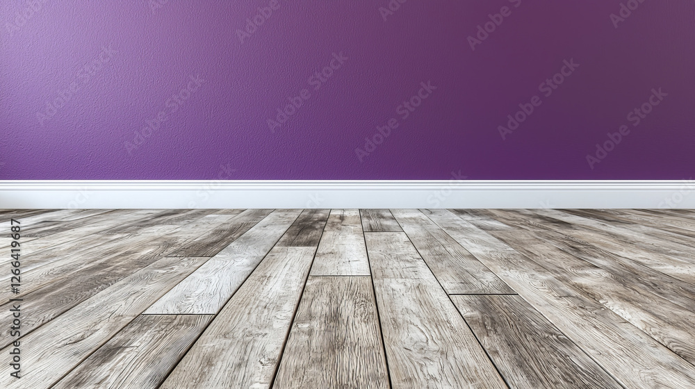 Purple wall, grey wood floor, empty room -ai