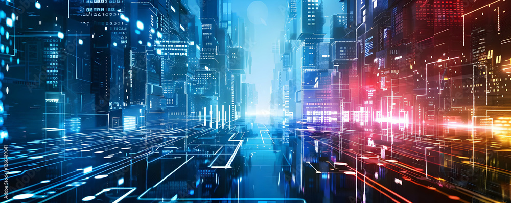 Futuristic cityscape with vibrant lights and digital elements at dusk Futuristic cityscape with vibrant lights and digital elements at dusk