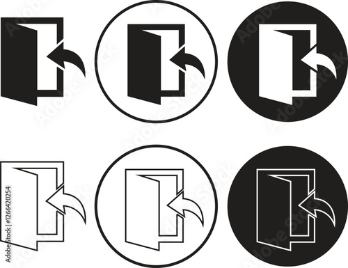 Set of enter icons in flat and outline designs. Arrows and door vectors entry symbols. Login signs. Doorway signs elements entrance emergency illustration buttons isolated on transparent background.