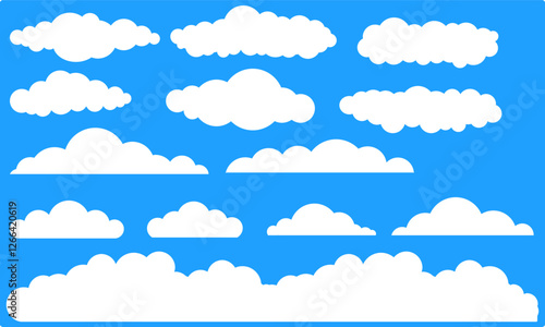 vector of simple cloud collection. white color with blue sky background. weather element for 2d cartoon