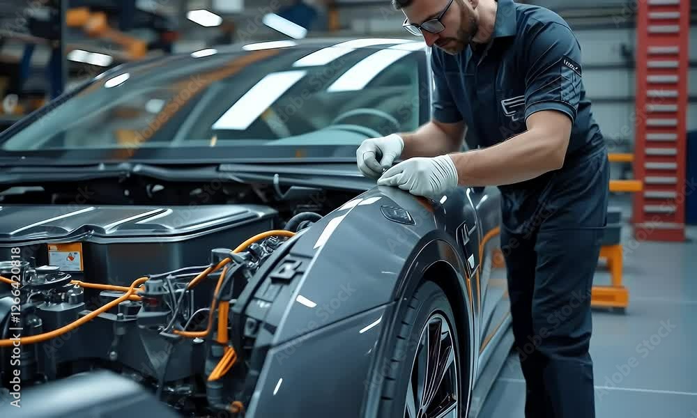 Technician inspecting electric car, factory assembly Technician inspecting electric car, factory assembly