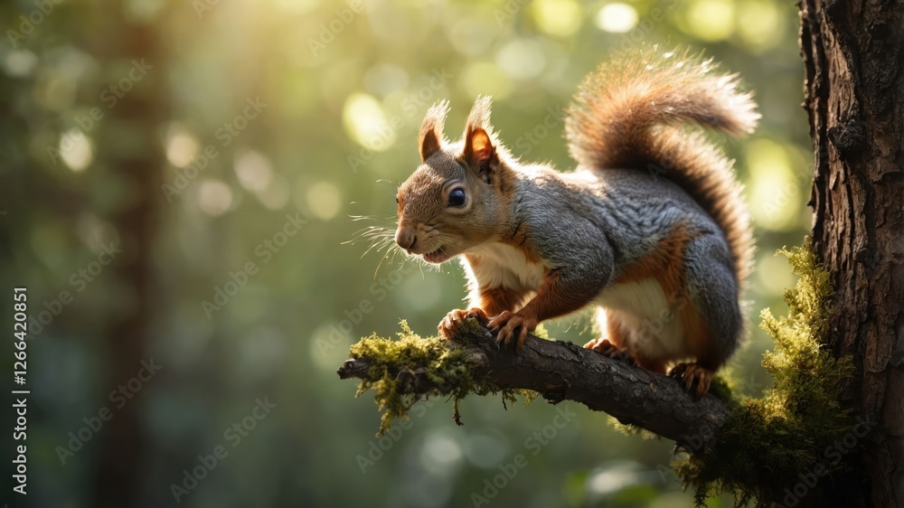 A squirrel perched on a mossy branch in a sunlit forest, showcasing wildlife beauty. A squirrel perched on a mossy branch in a sunlit forest, showcasing wildlife beauty.