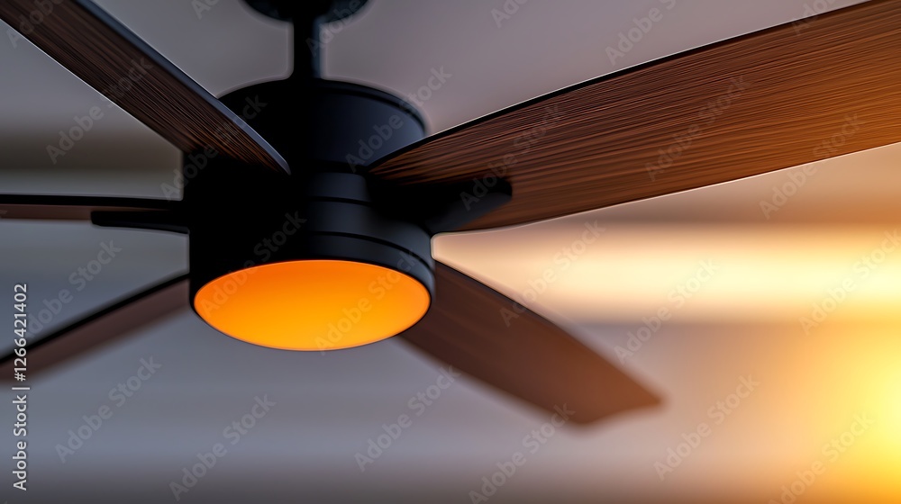 Modern ceiling fan with warm light illuminating a cozy room, creating a relaxing atmosphere Modern ceiling fan with warm light illuminating a cozy room, creating a relaxing atmosphere