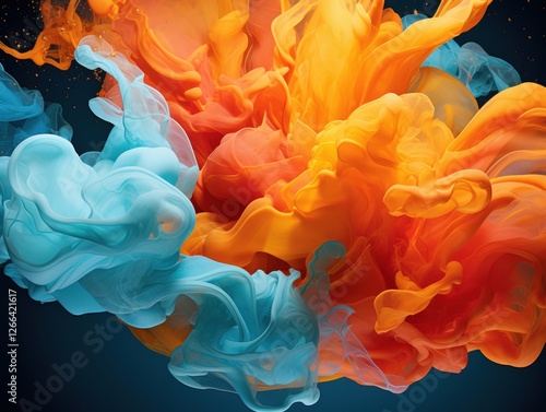 Abstract explosion of blue and orange colors in dark background. Conceptual, artistic use