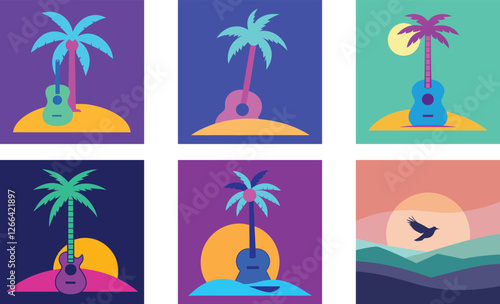 a guitar leaning against a palm tree on a neon bea  