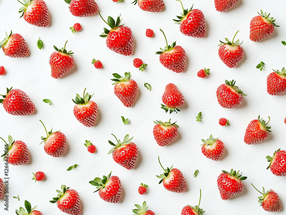 A Beautiful Array of Fresh, Ripe Strawberries with Green Leaves on a White Background, Perfect for Culinary and Health-Related Stock Images A Beautiful Array of Fresh, Ripe Strawberries with Green Leaves on a White Background, Perfect for Culinary and Health-Related Stock Images