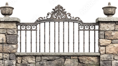 Ornate stone fence with wrought iron gate, isolated on white background