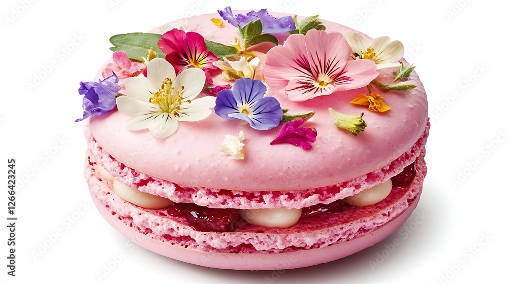 Fototapeta premium Pink macaroon with flowers on a white background.