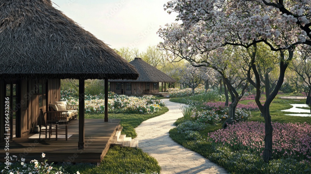 Tranquil thatched huts nestled in a spring garden Tranquil thatched huts nestled in a spring garden