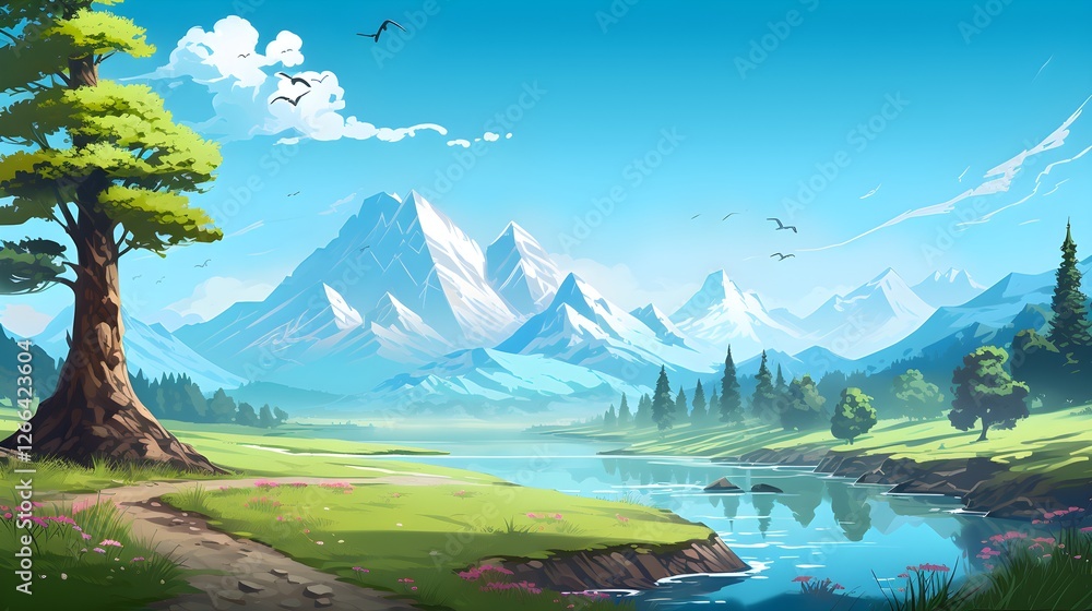 Fototapeta premium Serene Landscape Picturesque River Majestic Mountains and Lush Green Meadow