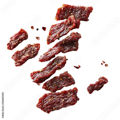 Isolated Jerky Strips Falling Mid Air Against a Plain Background for Culinary or Snack-Related Projects