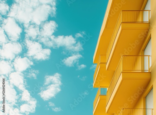 Sunny yellow apartment building against a partly cloudy sky photo