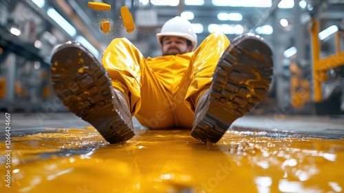 A worker slipping on an oil spill in a factory, falling backward with tools flying from their hands