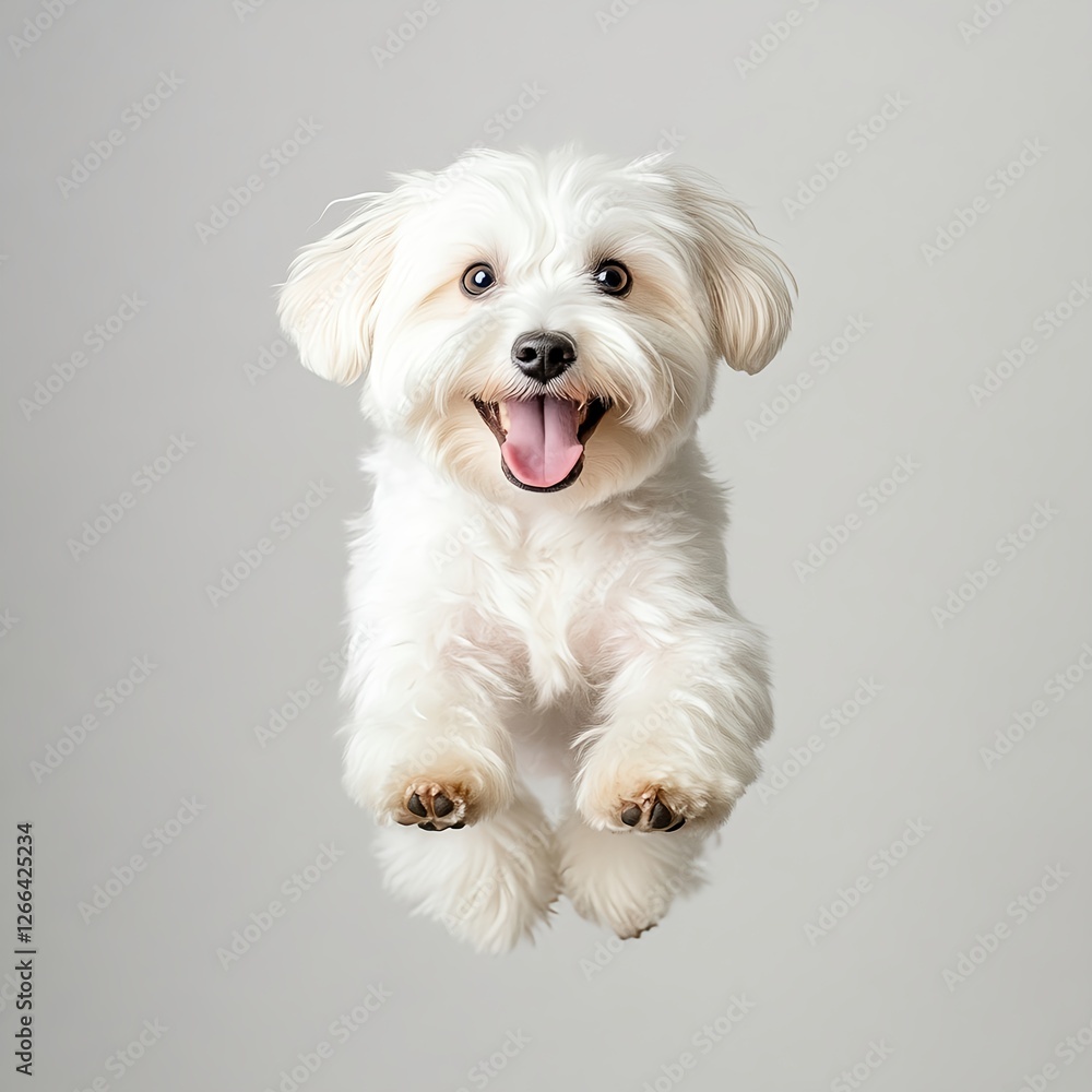 A fluffy white Havanese dog leaps joyfully, tongue out, against a simple grey background. A fluffy white Havanese dog leaps joyfully, tongue out, against a simple grey background.