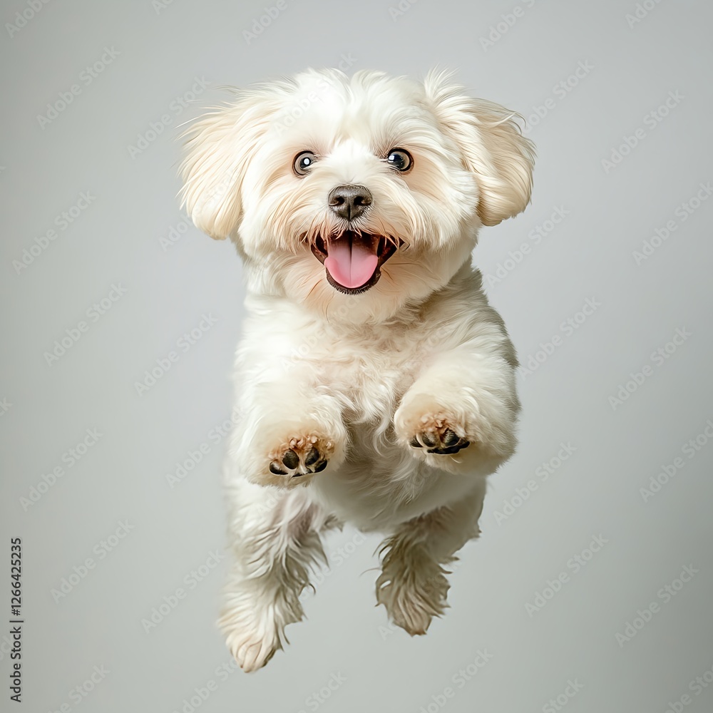 A fluffy white Havanese dog joyfully leaps, a picture of pure canine happiness! A fluffy white Havanese dog joyfully leaps, a picture of pure canine happiness!