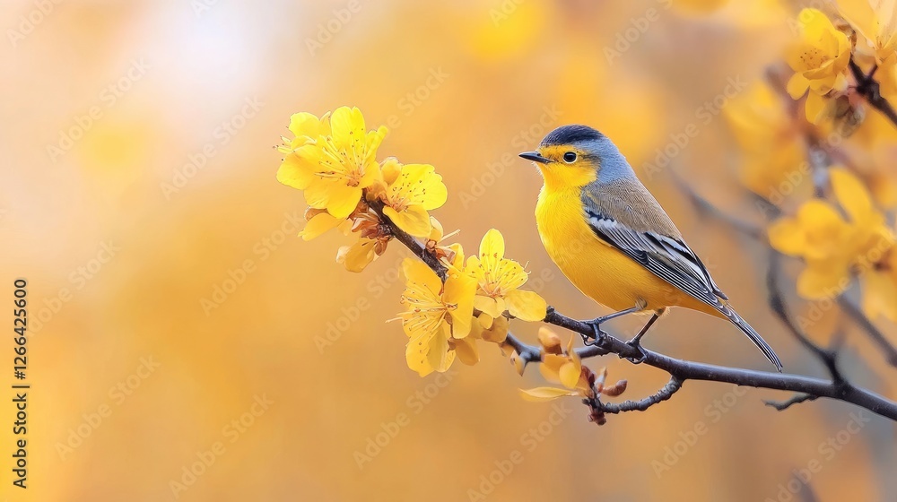 Obraz premium Yellow bird on branch with spring flowers. Beautiful springtime scene. Possible use nature photography