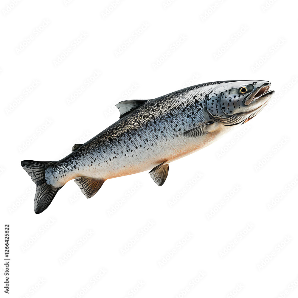 Naklejka premium Fresh Salmon Fillet Falling Mid-Air in a Brightly Transparent background Perfect for Culinary and Cooking Themes