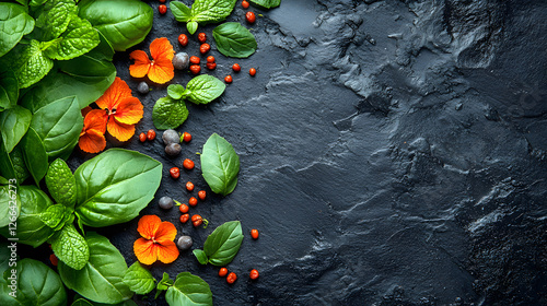 Frische Kräuter und Beeren auf dunklem Steinuntergrund – gesunde Naturprodukte
 photo