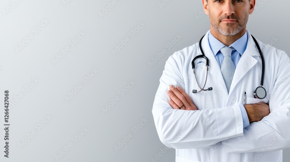 Doctor, serious pose, neutral background, healthcare professional, possible use stock photo