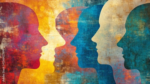 Abstract colorful overlapping head profiles pattern with grunge texture, symbolizing diversity, communication, and human connection in a vibrant artistic background for modern business, psychology, an
