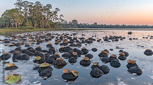 Sunrise swamp lilies, calm water, trees photo