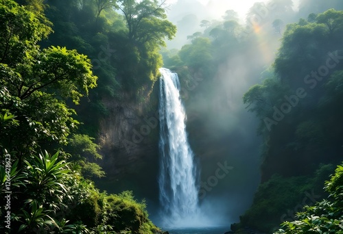 Serene Waterfall Cascading Through Lush Tropical Rainforest