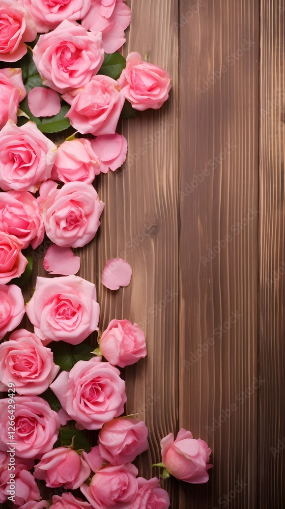 Romantic Pink Roses Border on Rustic Brown Wooden Background Floral Arrangement Valentine s Day Romantic Pink Roses Border on Rustic Brown Wooden Background Floral Arrangement Valentine s Day
