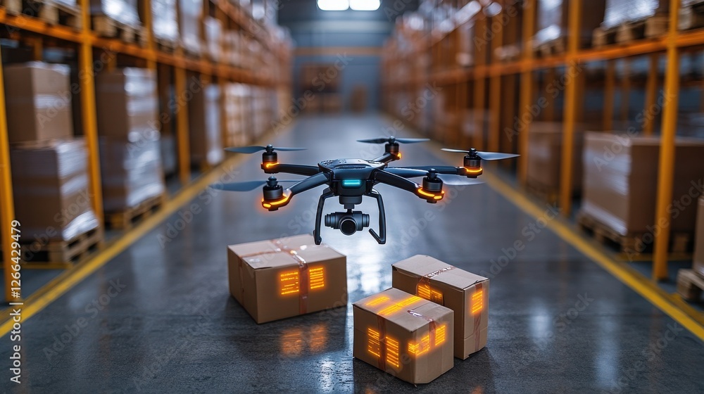 Obraz premium Drone Delivery System in Modern Warehouse with Cardboard Boxes