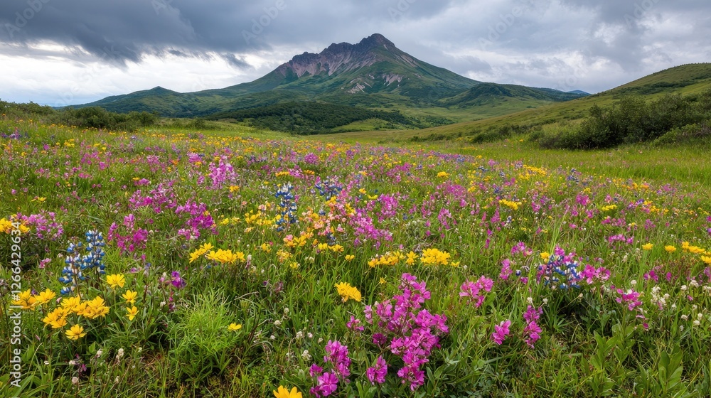 Fototapeta premium Colorful wildflowers in mountain meadow under cloudy sky. Ideal for nature, travel, or desktop backgrounds