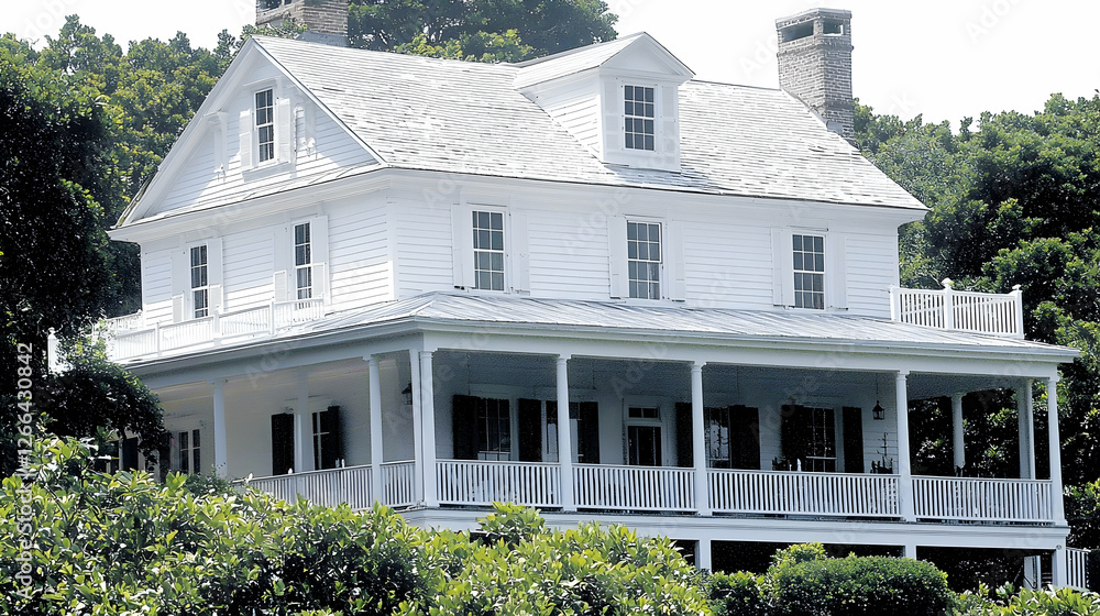 Fototapeta premium White house with porch overlooking trees