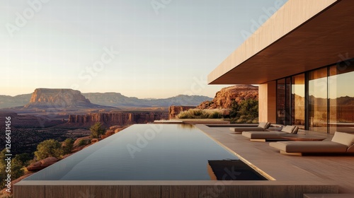Competition-winning rooftop design, where a sleek infinity pool extends over red rock formations, surrounded by modern beige seating, a perfect desert sanctuary