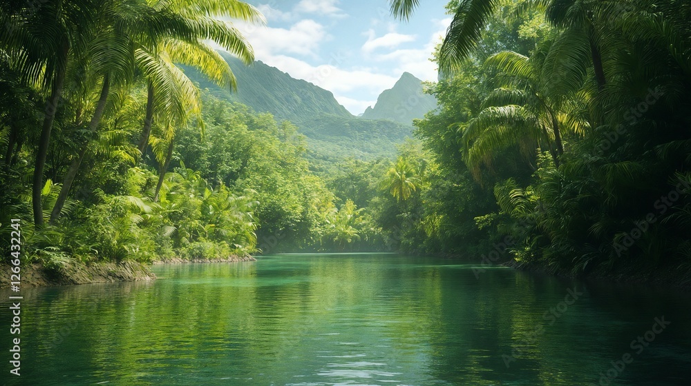 Tropical river with lush green jungle and mountains. Tropical river with lush green jungle and mountains.