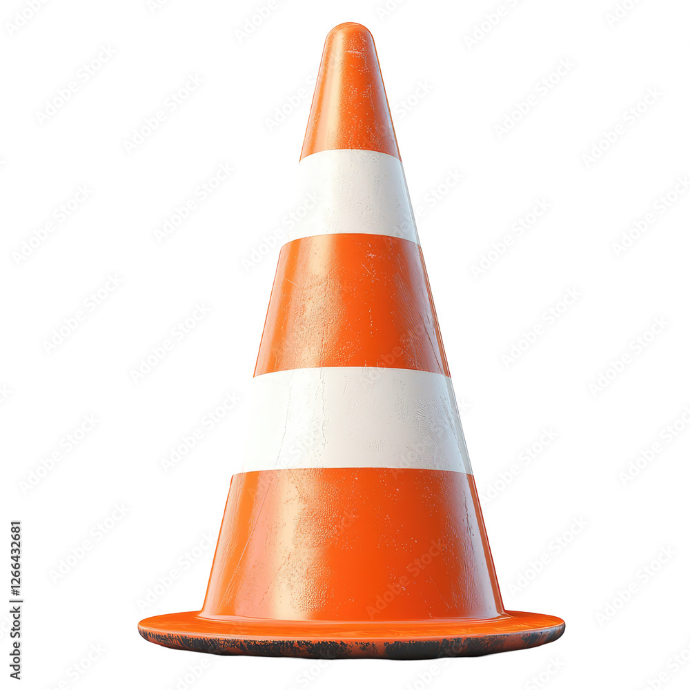 Orange Traffic Cone with White Stripes Isolated on a Transparent Background for Construction and Road Safety