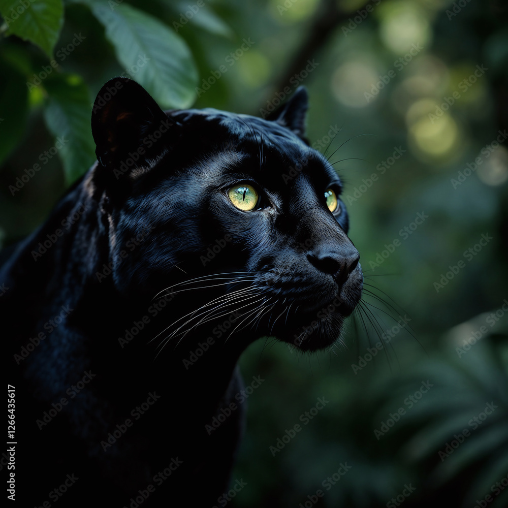 Mysterious Black Panther with Luminous Eyes Among Jungle Foliage Mysterious Black Panther with Luminous Eyes Among Jungle Foliage
