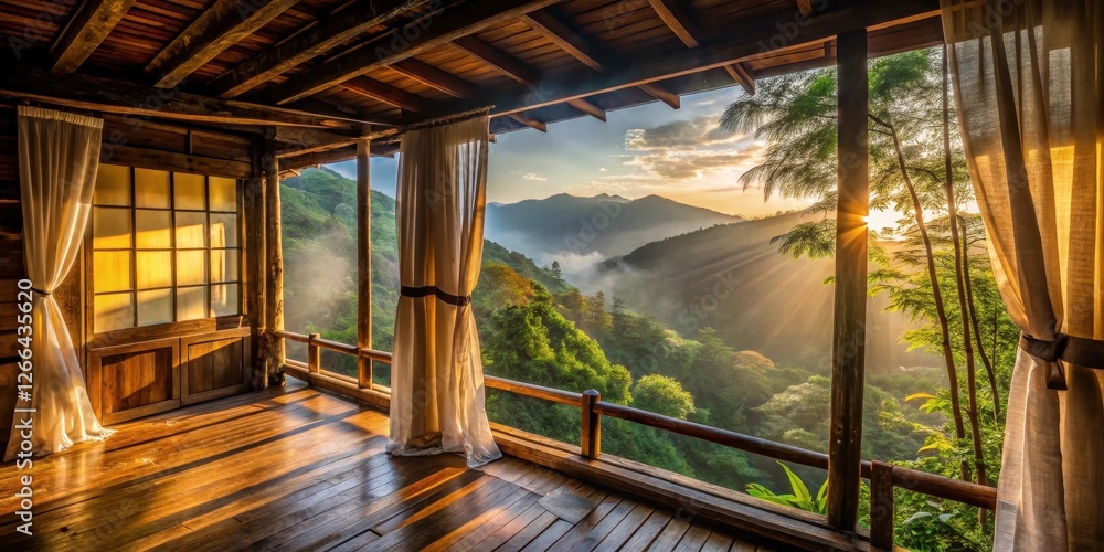 Fototapeta premium Serene Mountain Vista from a Wooden Balcony with Light Filtering Through Sheer Curtains