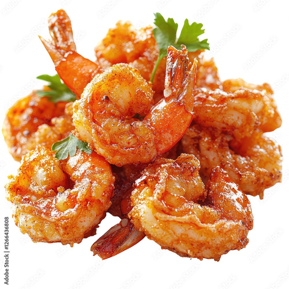 Crispy Cajun Shrimp Tempura Garnished with Fresh Herbs on Isolated Transparent background for Culinary Use Crispy Cajun Shrimp Tempura Garnished with Fresh Herbs on Isolated Transparent background for Culinary Use