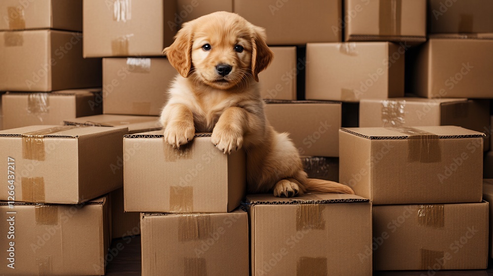 Fototapeta premium Adorable Golden Retriever puppy sits calmly amidst stacked cardboard boxes soft warm light. AI Generated