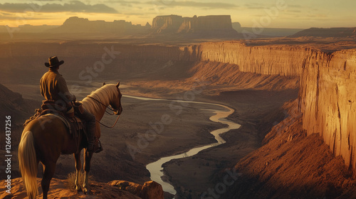 A lone cowboy sits atop his horse on the edge of a towering canyon, gazing at the vast desert landscape below. 