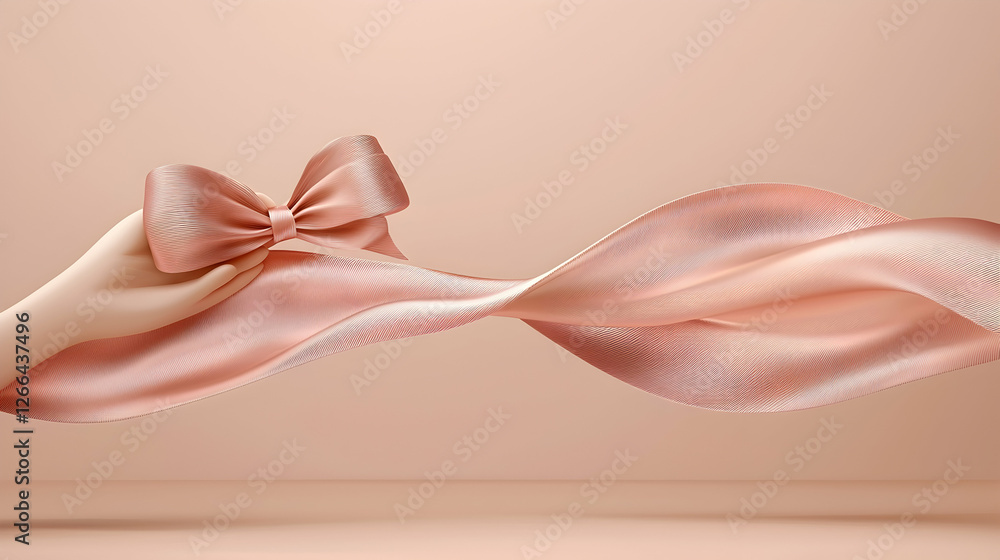 Elegant rose gold ribbon bow floats, soft background; ideal for gift, celebration, luxury branding Elegant rose gold ribbon bow floats, soft background; ideal for gift, celebration, luxury branding