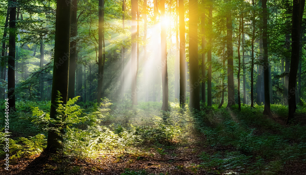 Fototapeta premium bright beam of light breaking through dense forest symbolizes hope and transformation