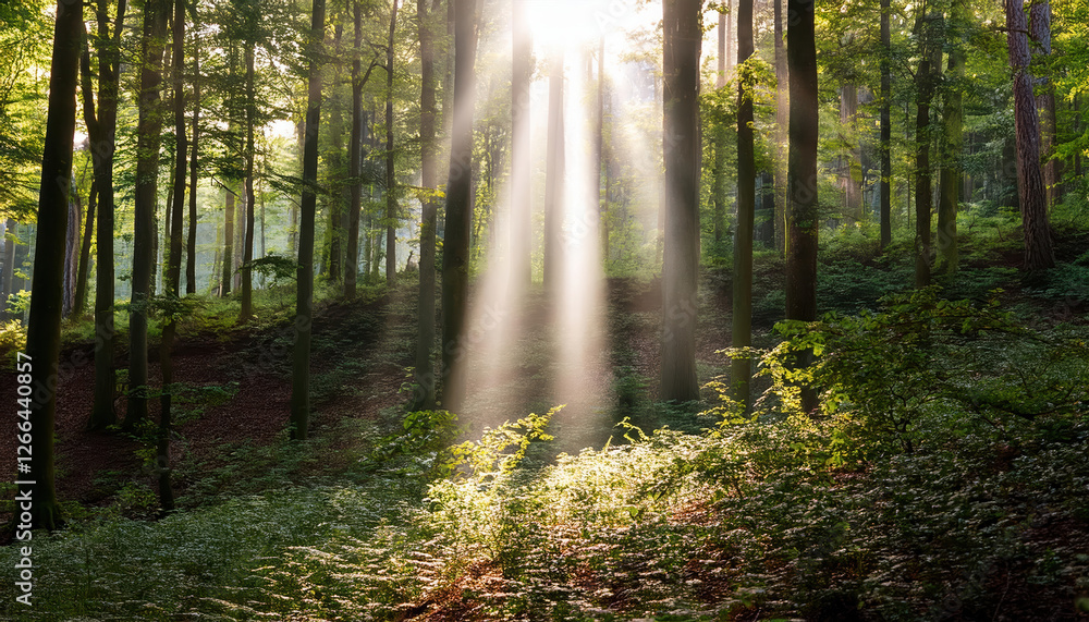 Fototapeta premium bright beam of light breaking through dense forest symbolizes hope and transformation